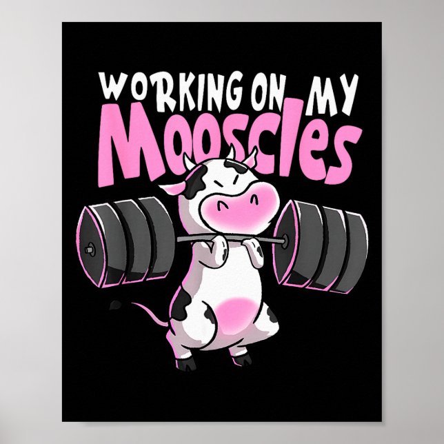 Póster Working On My Mooscles Funny Gym Cow Weightlifting (Frente)