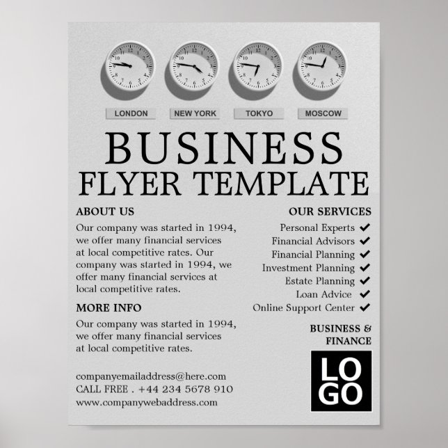 Póster World Clocks, publicidad de negocios y finanzas (Frente)