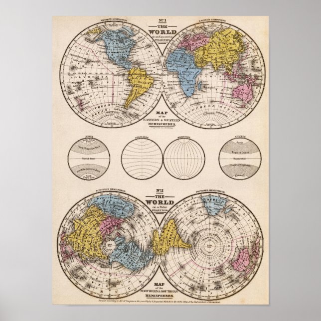 Póster World Equatorial Projection and Polar Projection (Frente)