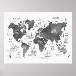 Póster World Map Art Black White Nautical Kids Nursery