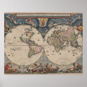 Póster World Map Globe Travel Antiguo