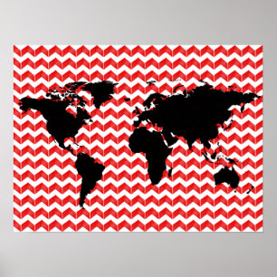 Póster world map on red chevron pattern