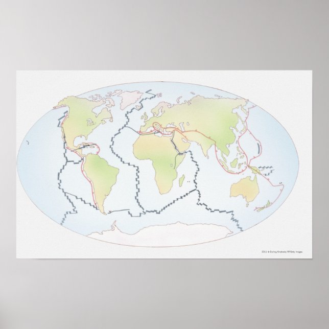 Póster World map showing plate margins (Frente)
