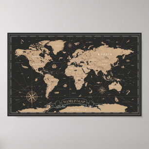 Póster World Map Vintage Black Golden