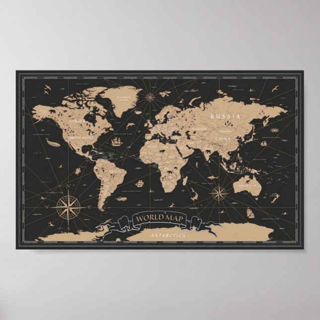Póster World Map Vintage Black Golden (Frente)