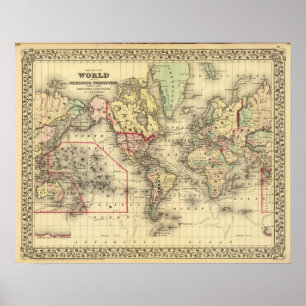 Póster World Map with Explorers' sea routes