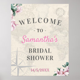 Póster World Travel Map Pink Floral Bridal Shower Welcome