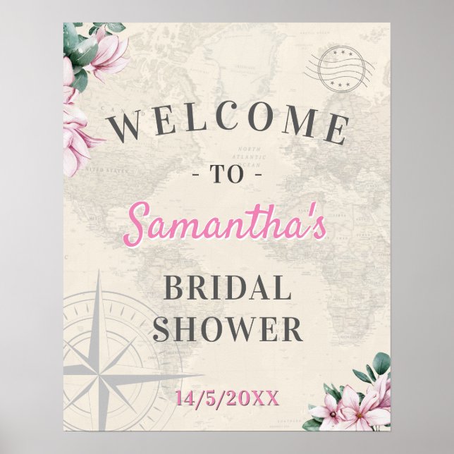 Póster World Travel Map Pink Floral Bridal Shower Welcome (Frente)