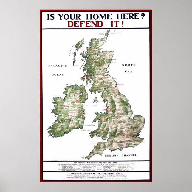 Póster WORLD WAR ONE WAR MAP of the UNITED KINGDOM  1915 (Frente)
