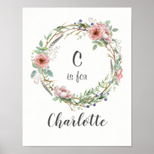 Póster Wreath acuarela con flores y plumas rosas