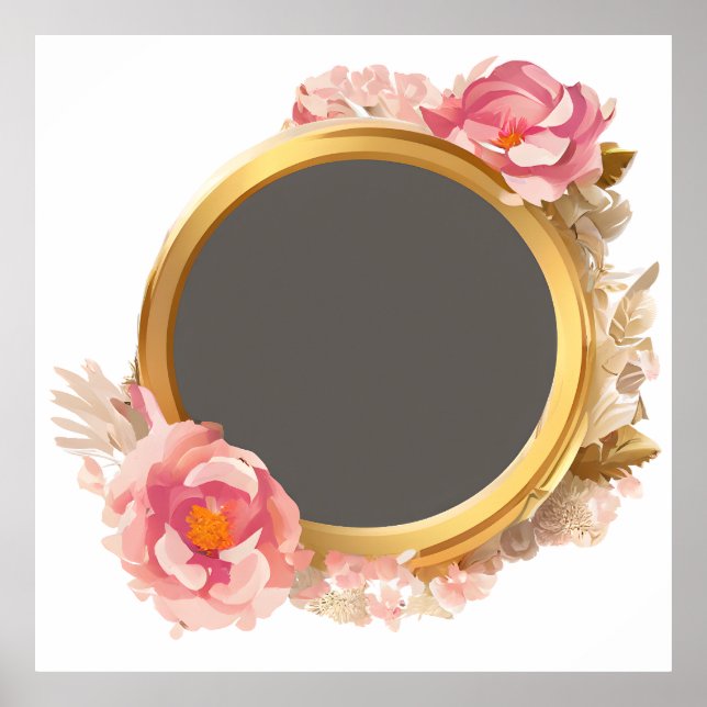 Póster Wreath de flor rosa de marco dorado (Frente)