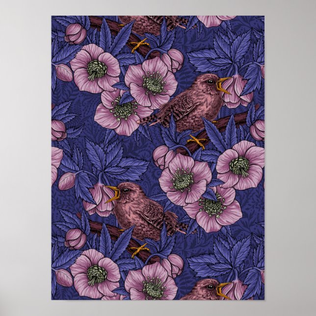 Póster Wren y hellebore, violeta y rosa (Frente)