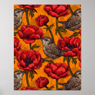 Póster Wrens en un jardín anemónico rojo