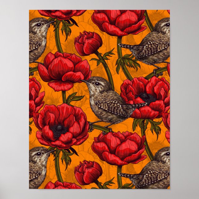 Póster Wrens en un jardín anemónico rojo (Frente)