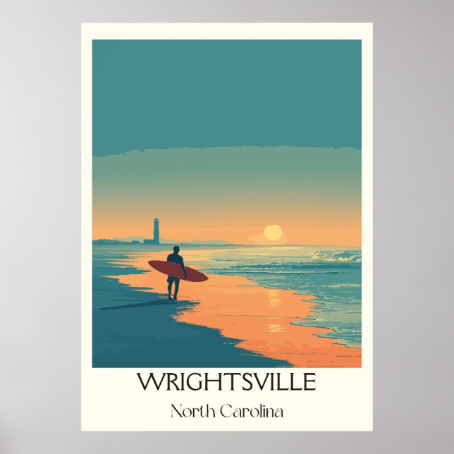 Póster Wrightsville Beach NC Vintage Surfer Beach Sunset (Frente)