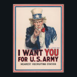 Póster Ww1 llama al poster de reclutamiento del ejército<br><div class="desc">El poster de guerra con la famosa frase "Te quiero por el ejército de EE.UU." muestra al tío Sam señalando su dedo al espectador para reclutar soldados para el ejército estadounidense durante la Primera Guerra Mundial. La frase impresa "estación de reclutamiento más cercana" tiene un espacio en blanco a continuación...</div>