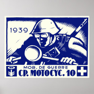 Póster WWII Compañía Suiza de Motocicleta, azul
