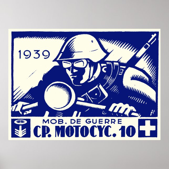 Póster WWII Compañía Suiza de Motocicleta, azul (Frente)