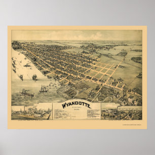 Póster Wyandotte, Mapa Panorámico de MI - 1896