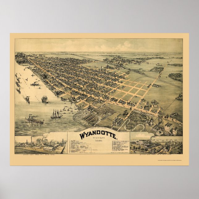 Póster Wyandotte, Mapa Panorámico de MI - 1896 (Frente)