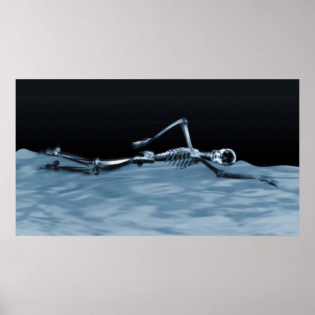 Póster X-Ray Skeleton Swimming in Lake Neg Blue (Frente)