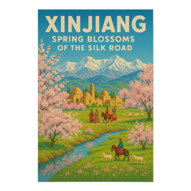Póster Xinjiang, China - Florecimiento de la primavera (Anverso)