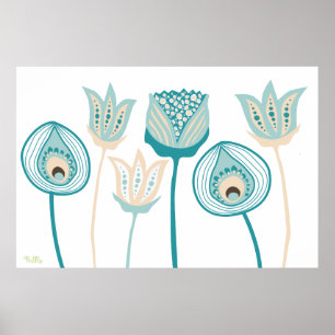 Póster XL Turquoise Aqua Vintage Funky Flower Art