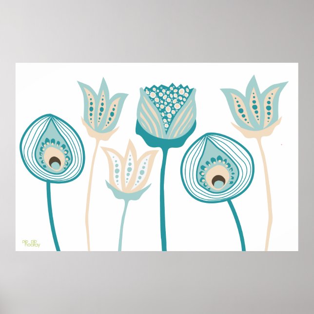 Póster XL Turquoise Aqua Vintage Funky Flower Art (Frente)