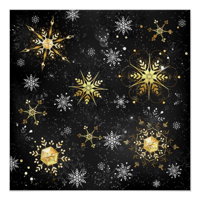 Póster Xmas copos de nieve dorados sobre fondo negro (Anverso)