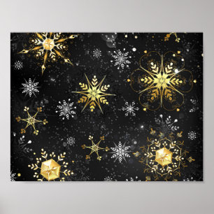 Póster Xmas copos de nieve dorados sobre fondo negro