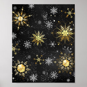 Póster Xmas copos de nieve dorados sobre fondo negro
