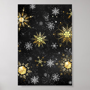 Póster Xmas copos de nieve dorados sobre fondo negro