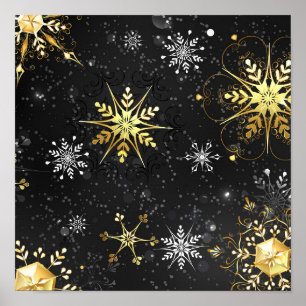 Póster Xmas copos de nieve dorados sobre fondo negro