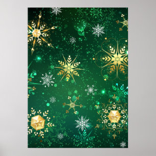 Póster Xmas copos de nieve dorados sobre fondo verde
