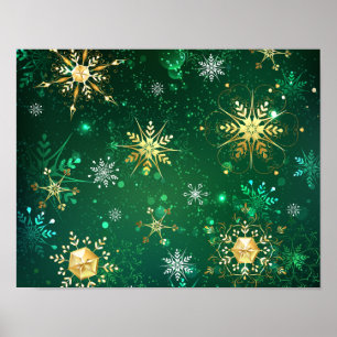 Póster Xmas copos de nieve dorados sobre fondo verde