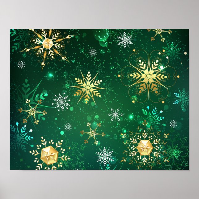 Póster Xmas copos de nieve dorados sobre fondo verde (Frente)