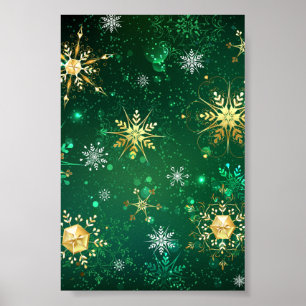 Póster Xmas copos de nieve dorados sobre fondo verde