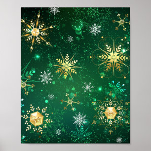 Póster Xmas copos de nieve dorados sobre fondo verde