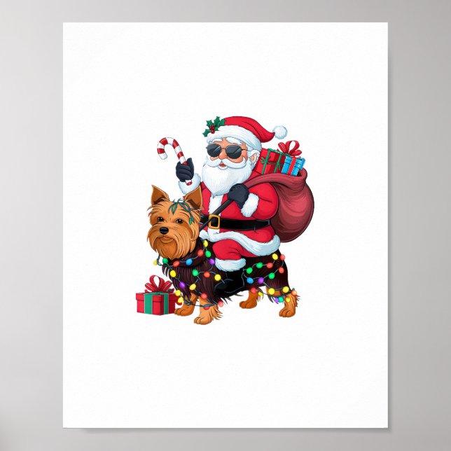 Póster Xmas Iluminando Santa Riding Yorkshire Terrier Dog (Frente)