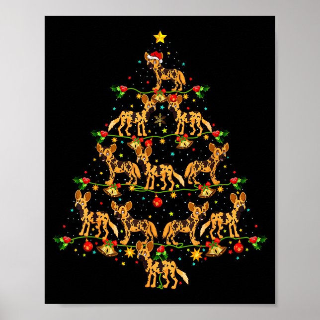 Póster Xmas Lighting Santa African Wild Dog Christmas Tre (Frente)