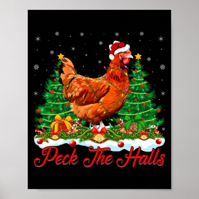 Póster Xmas Lighting Santa Hat Chicken Christmas Tree  (Frente)