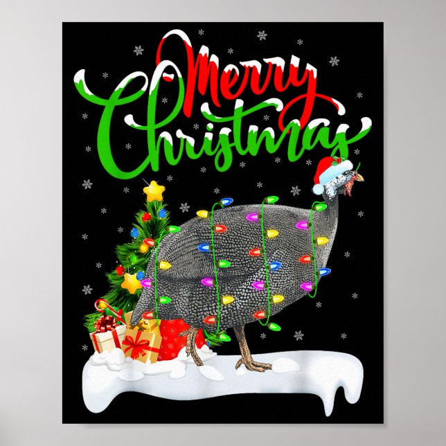 Póster Xmas Lights Tree Santa Guinea Fowl Bird Merry Chri (Frente)