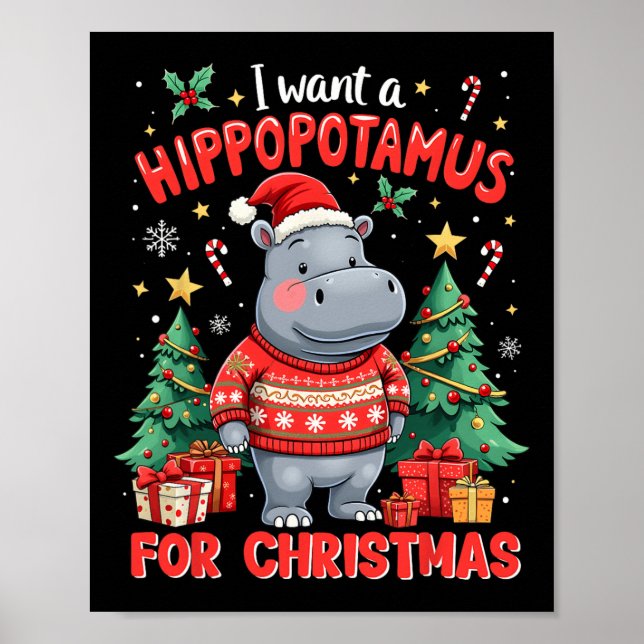 Póster Xmas Quiero Un Hippopótamo Para Navidades Cute Hip (Frente)