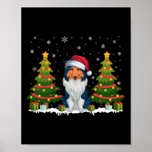 Póster Xmas Tree Light Rough Collie Dog Santa Hat Christi