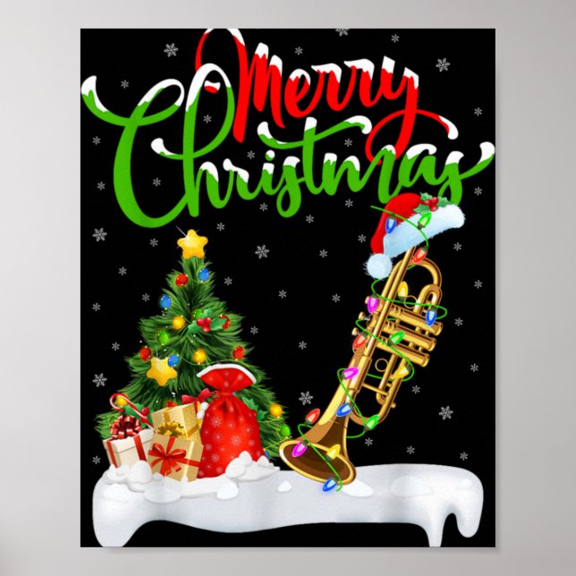 Póster Xmas Tree Lights Santa Hat Musical Trumpet Christm (Frente)