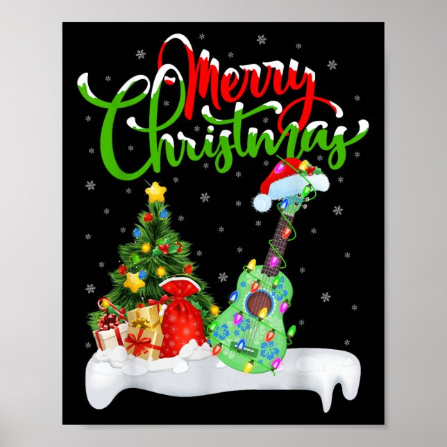 Póster Xmas Tree Lights Santa Hat Musical Ukulele Guitar  (Frente)