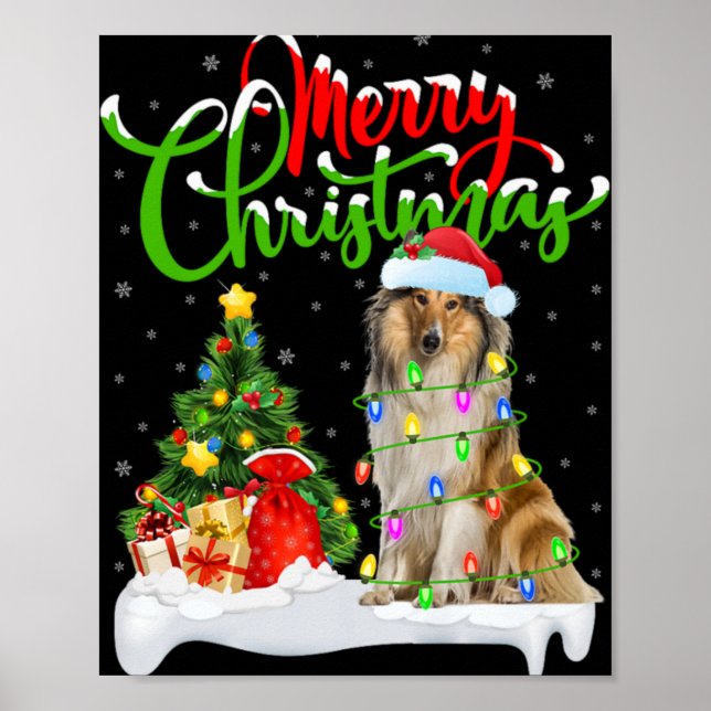 Póster Xmas Tree Lights Santa Hat Rough Collie Dog Christ (Frente)