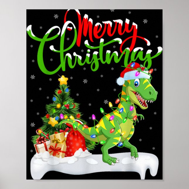 Póster Xmas Tree Lights Santa Hat T Rex Dinosaur Christma (Frente)