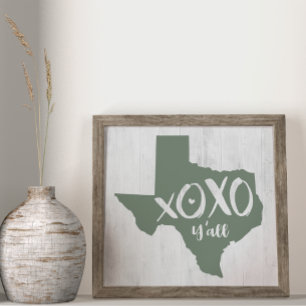 Póster XOXO, Y'all - Forma de estado de Cactus Green Texa