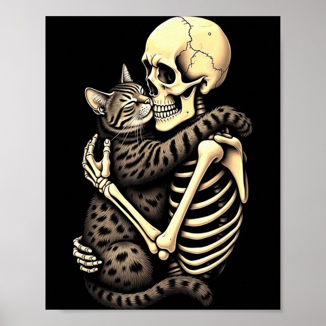 Póster Y Skeleton Hugging Cat Halloween Lovers Human Pro  (Frente)